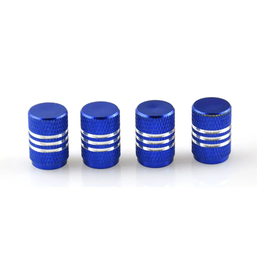 Stainless steel car tyre valve caps in multiple colour options showing black, red, blue and gold variants