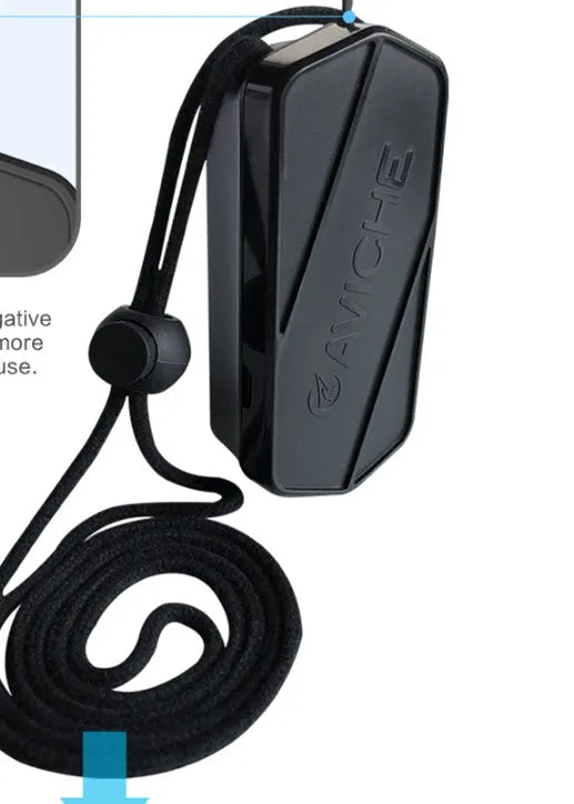 Black portable air purifier necklace device measuring 80mm by 37mm by 24mm with personal air filtration