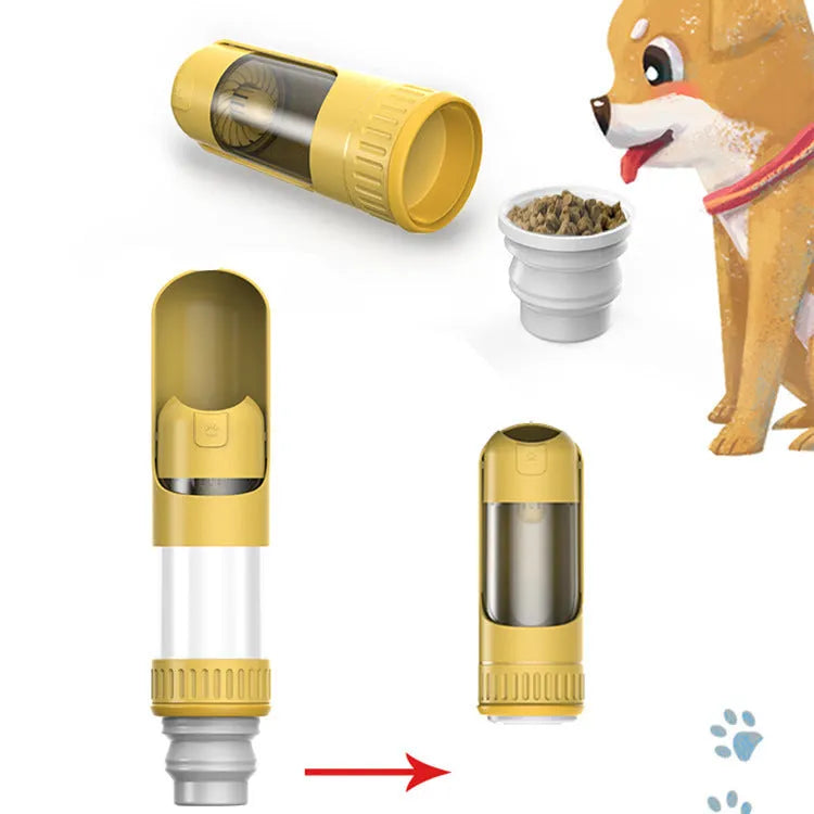 Dark blue portable dog water bottle with built-in bowl and carry handle.
