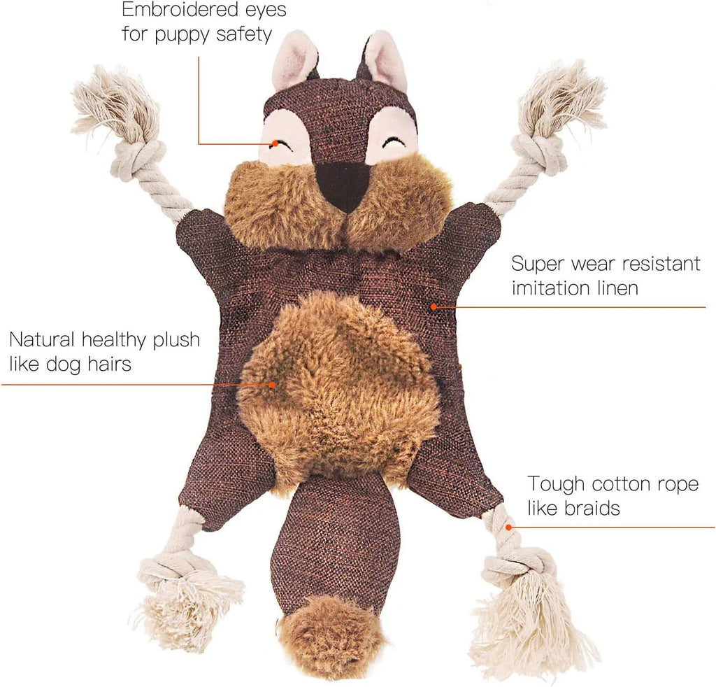 Brown stuffless plush fox dog toy with embroidered eyes, cotton rope arms and legs
