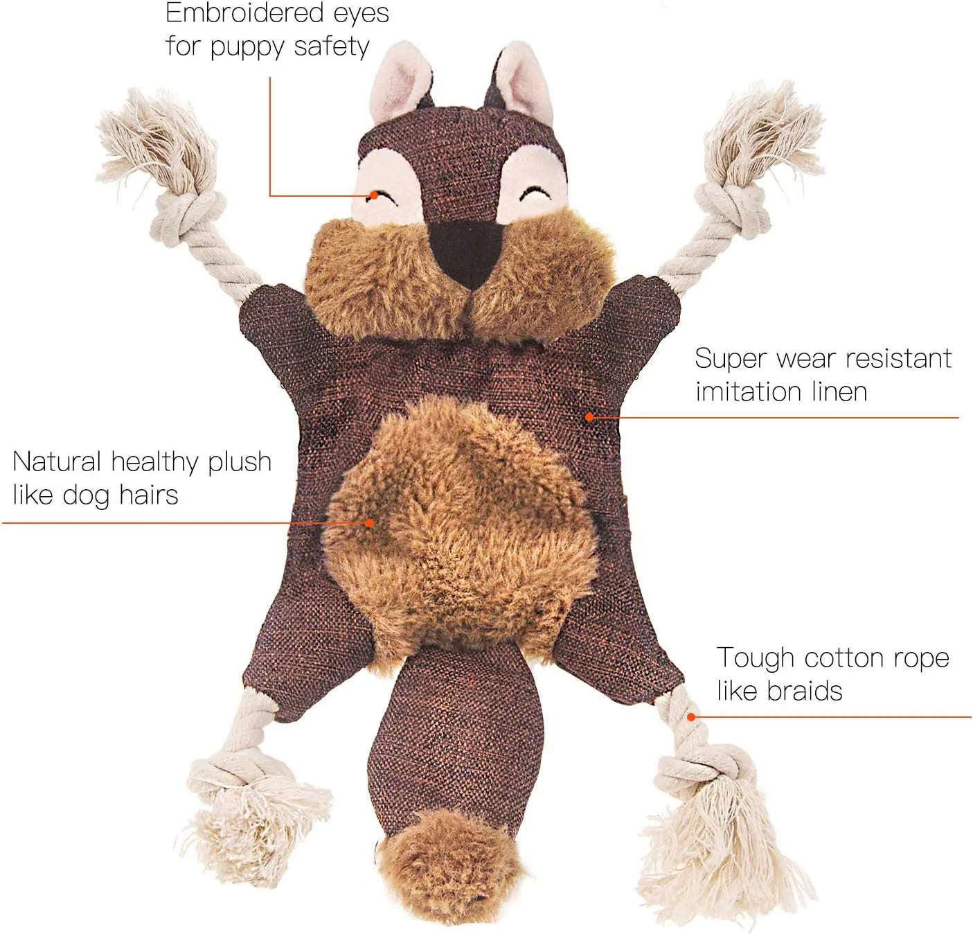 Brown stuffless plush fox dog toy with embroidered eyes, cotton rope arms and legs