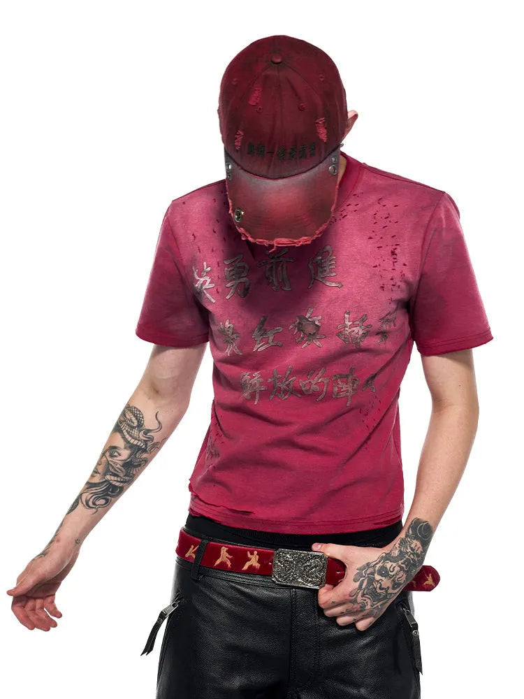 A red men's slim-fit T-shirt with a distressed wash finish and a round neck.