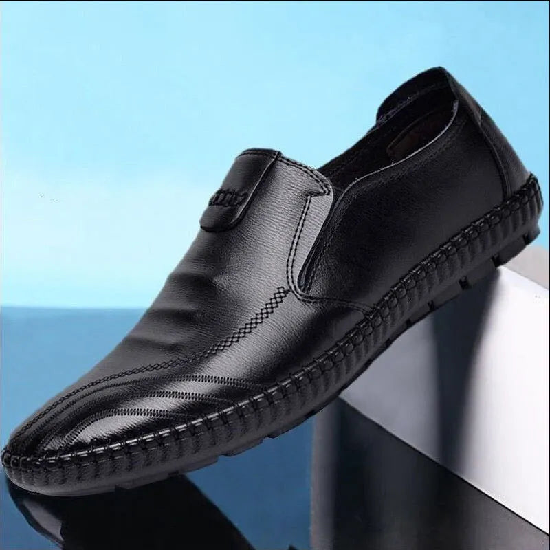 Men's black and brown PU business shoes with plain toe design and UK sizes 5-12