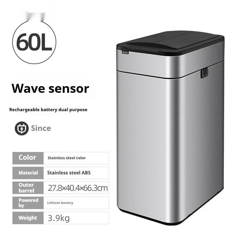 Stainless steel inductive smart trash can with square design and 26+ litre capacity