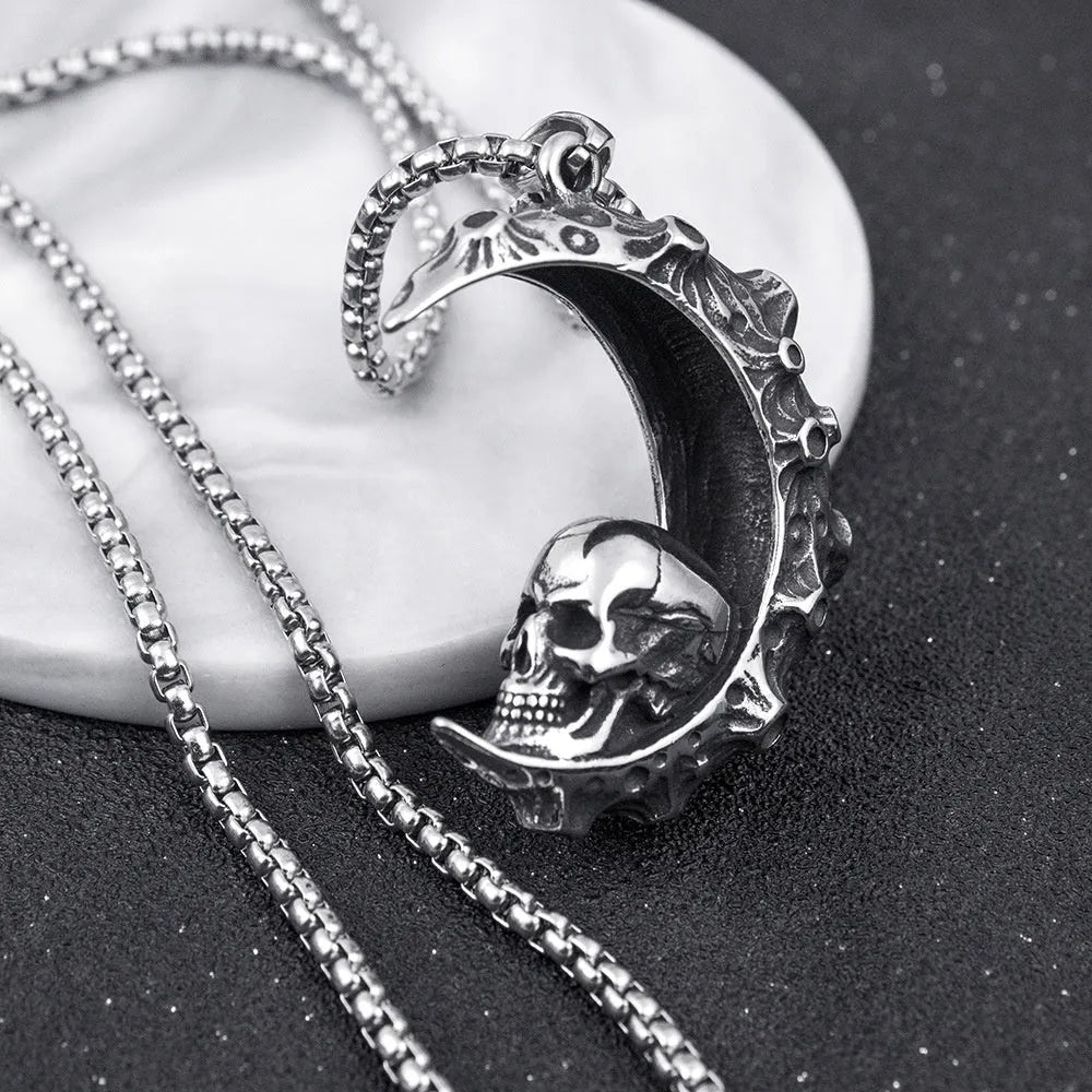 Men's stainless steel skull necklace with silver electroplated finish showing six pendant design options