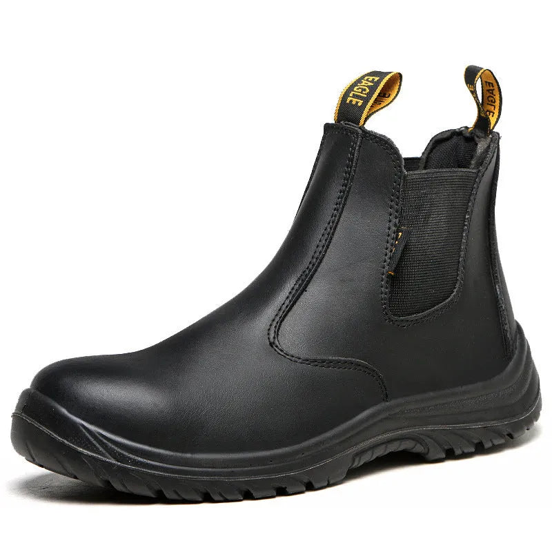 Black leather high-top safety boots with anti-piercing protection shown front and side views