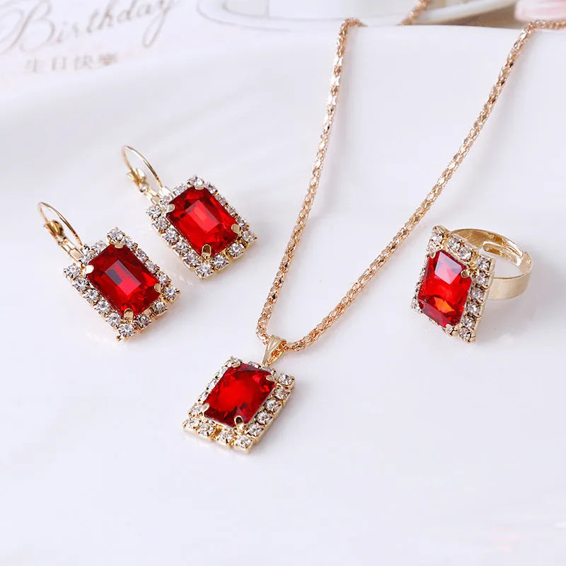 Women's alloy crystal square three-piece jewellery set with necklace, earrings, and ring