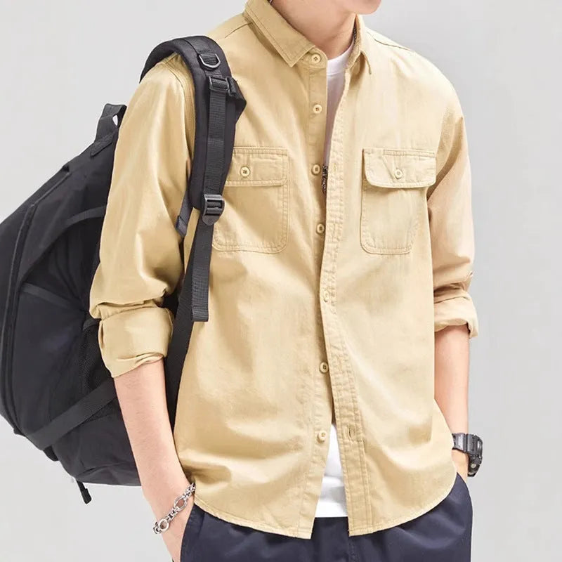 Men's loose fit long sleeve overalls shirt in cardigan style available in four colours