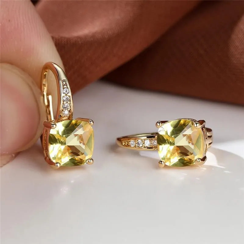 Square geometric ear hooks with round zircon inlays in gold, platinum, or rose gold finish