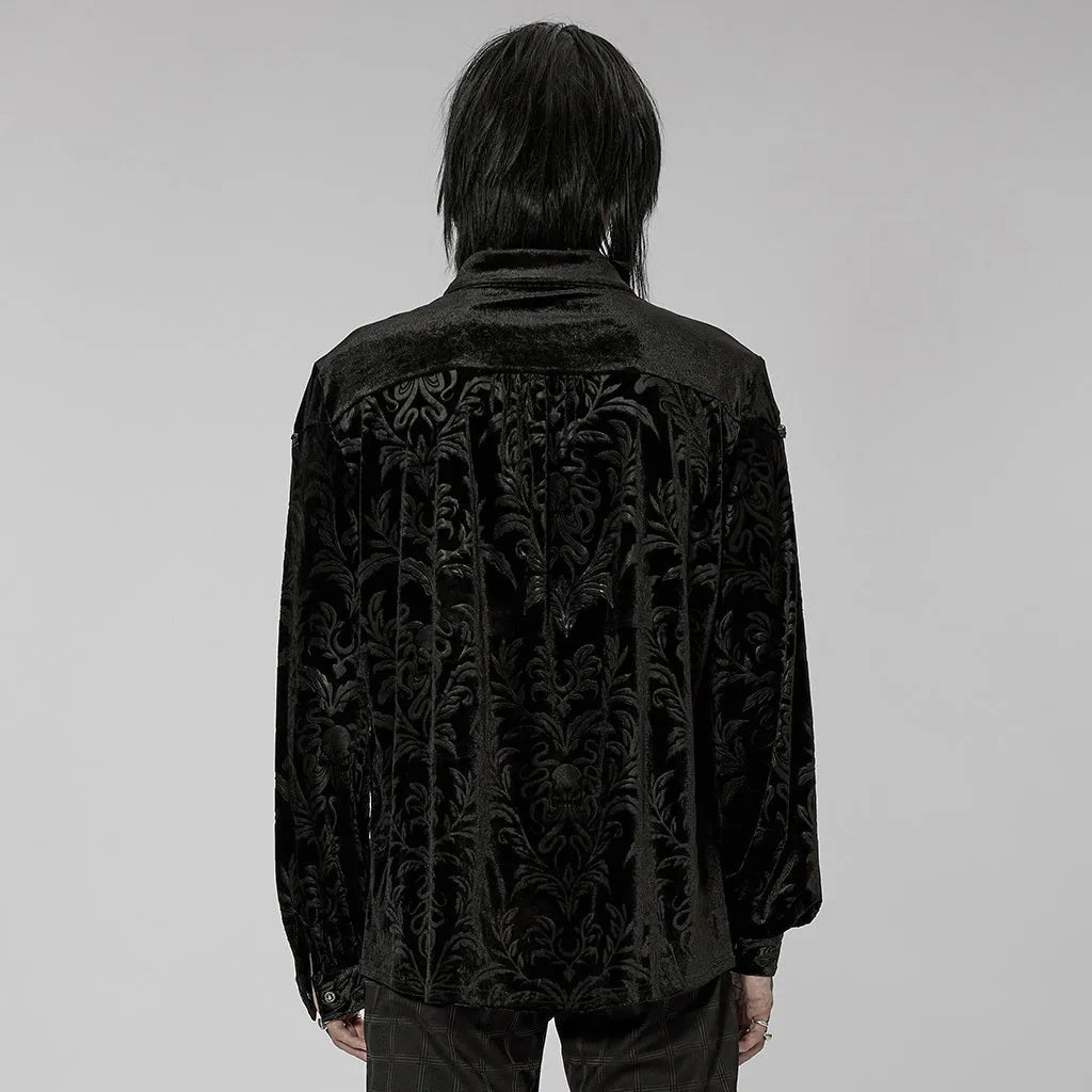 Black Gothic style velvet men's shirt with pointed collar, long sleeves, and decorative printing details