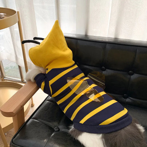 Yellow striped bee costume plush hoodie for bulldog pet cotton winter jacket in yellow and black design