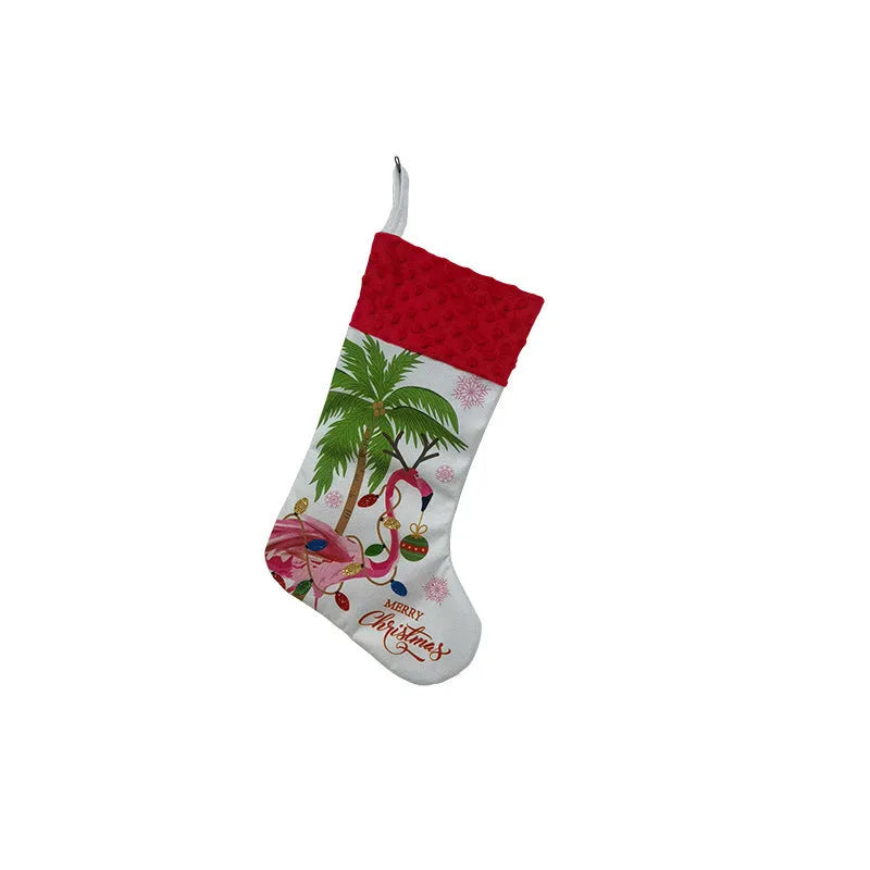 Large red flamingo-themed cloth Christmas stocking hanging for decoration