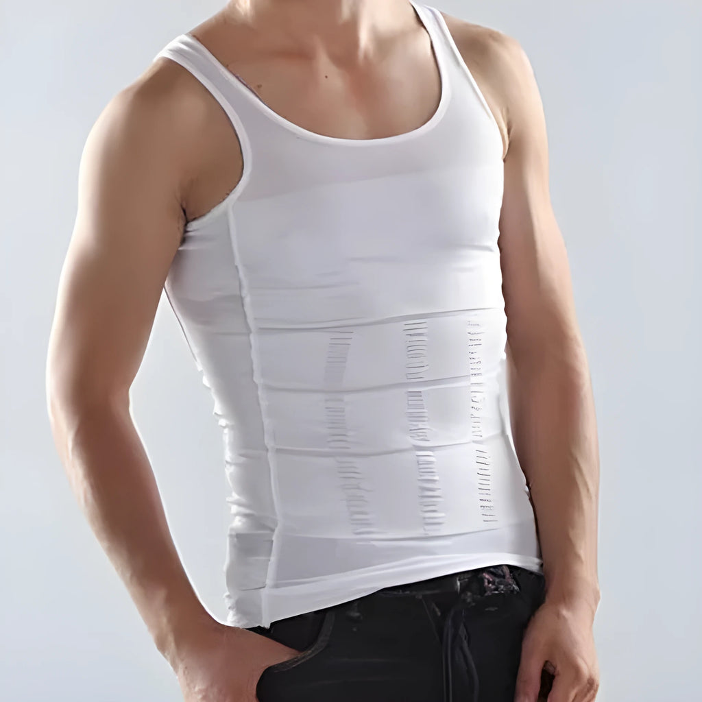 Men body shaper vest in black side view showing U-neck and form-fitting compression fabric