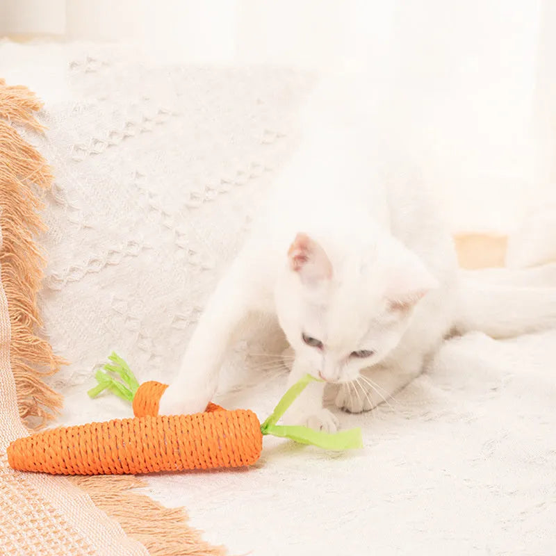 Bundle of cat toys including carrot chews, paper toys, ringing stones, sticks, and grinding sticks in S and L sizes.