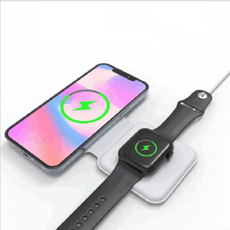 White foldable magnetic wireless charger dock with phone attached, showing angled stand mode.