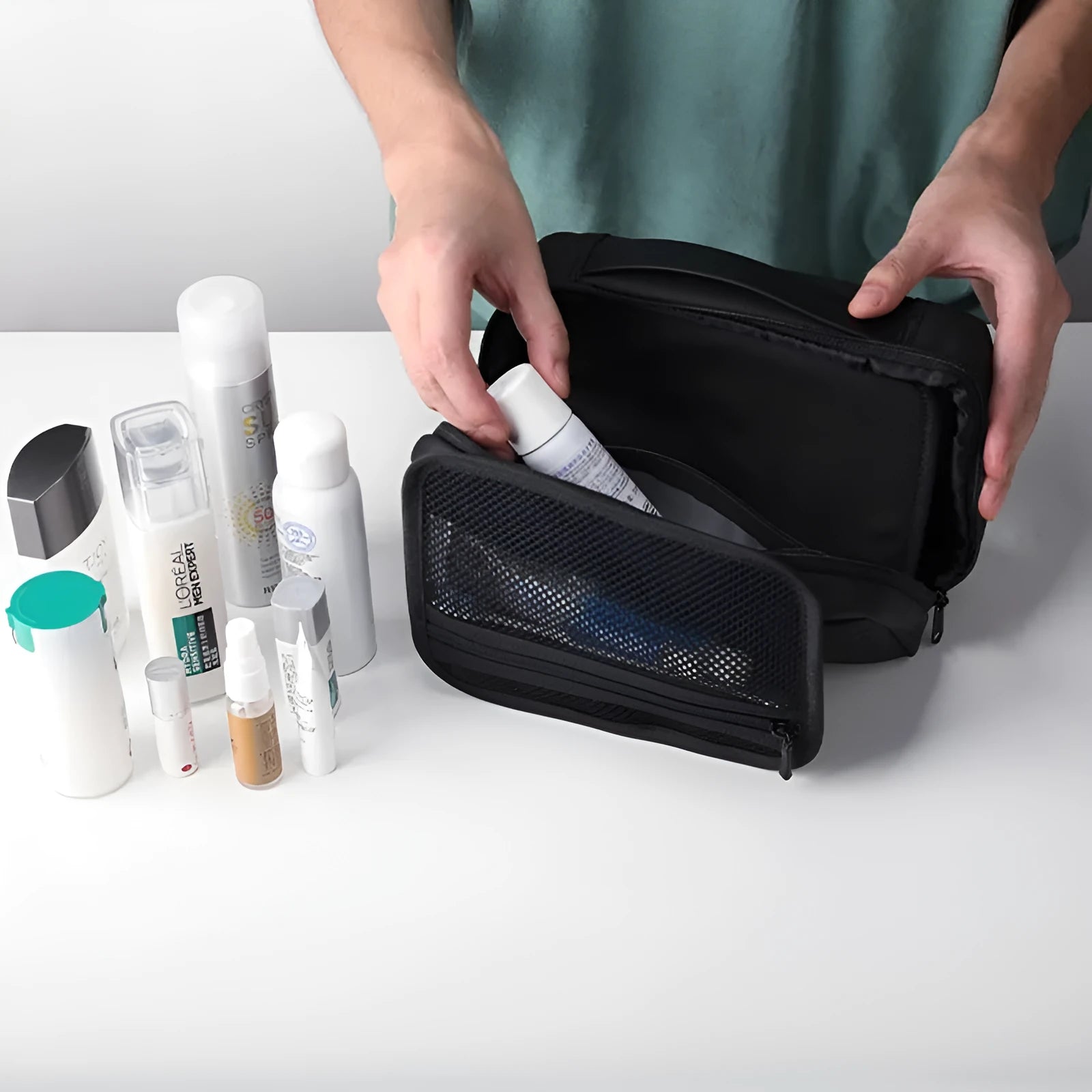 Oxford cloth wet dry separation storage bag with multi-layer compartments in elegant black, graphite grey, olive green, or technology grey.