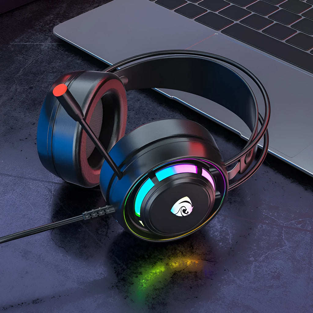 Black wired over-ear computer headphones with a microphone on a 2.2m cable, showing 3.5mm and USB plug options.