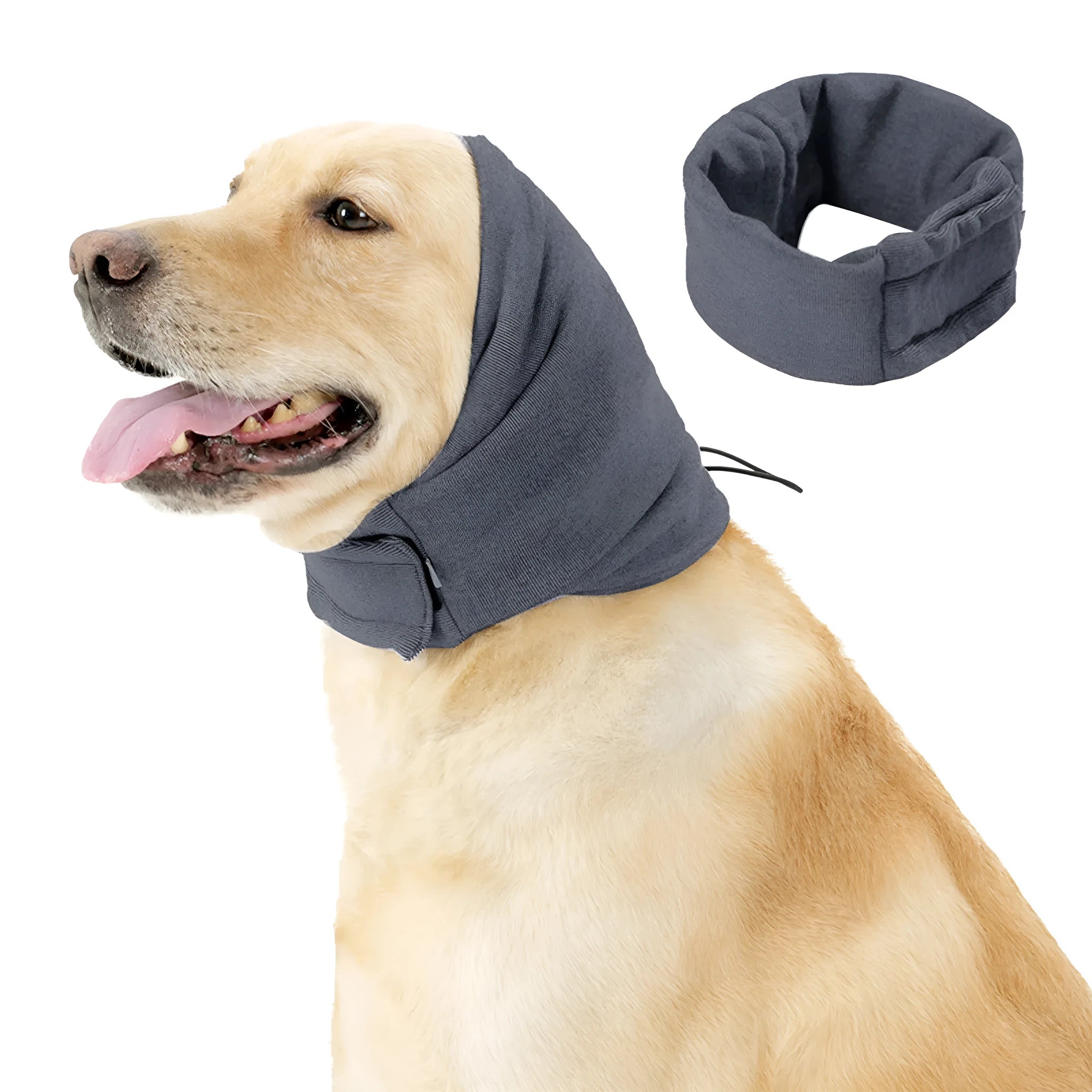 Black dog calming hoodie head wrap with earmuffs on a pet