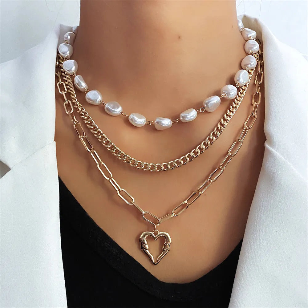 Vintage gold heart pendant necklace on pearl chain with adjustable 41-50cm length