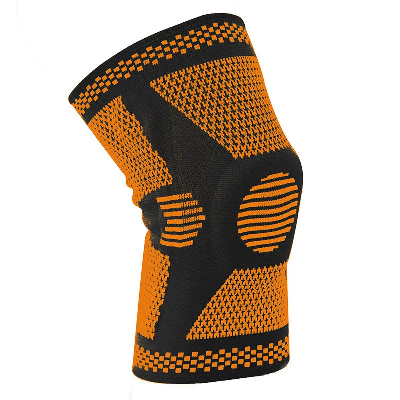Silicone spring knee protection sleeve in blue, green, orange, or white, showing polyamide material and size fit guide.