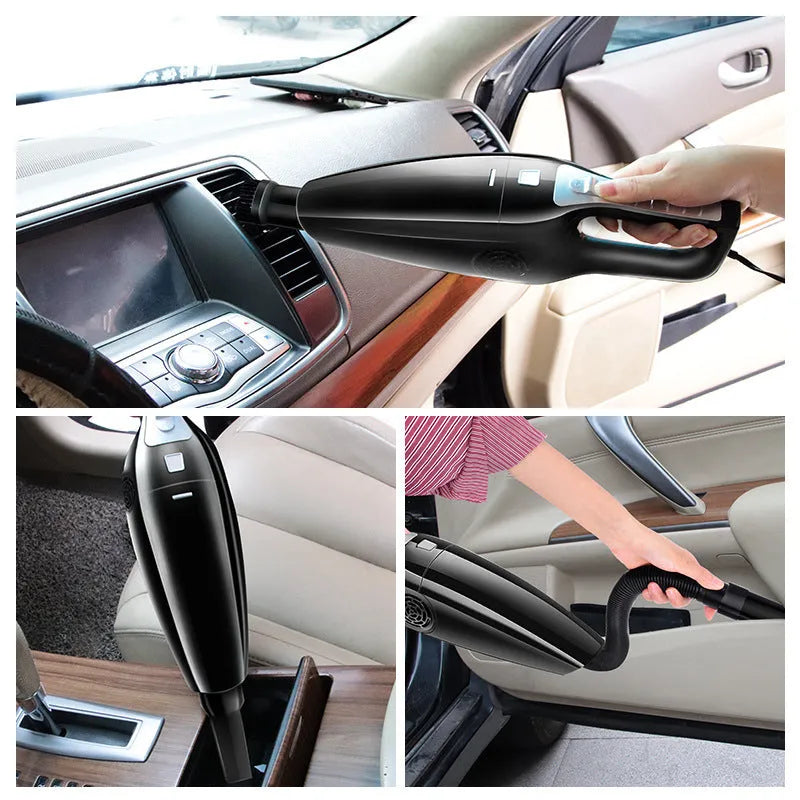 Black and orange Hypa car vacuum cleaner with cigarette lighter plug, shown next to a car seat.
