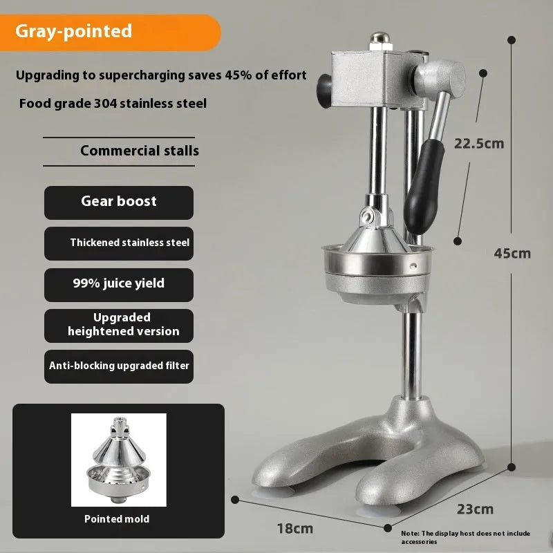 Vertical stainless steel manual citrus juicer shown in selected colour with chosen head style: pointed, flat, or double.