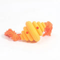 Green and yellow split spiral dog ball toy with rope for tug of war and treat dispensing