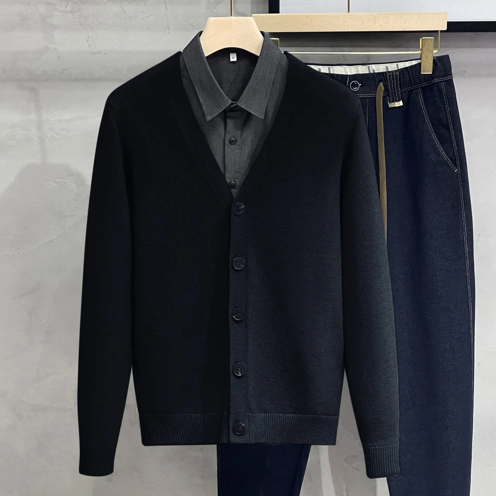 Men's cotton knit V-neck cardigan in black, green, apricot, light grey or dark grey, loose fit, sizes M to 3XL