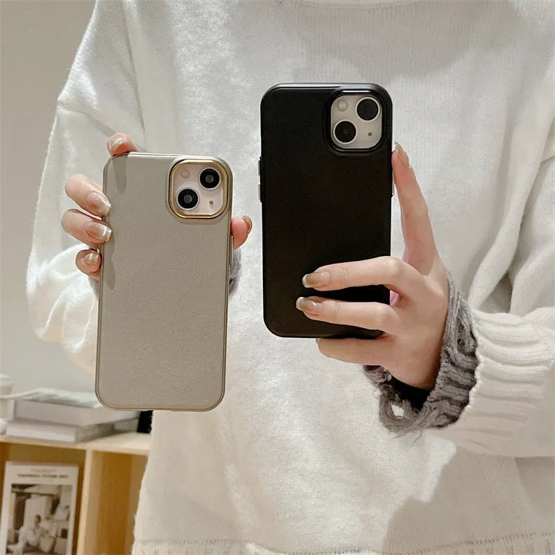Imitation leather phone case for iPhone 15 Pro Max in solid black colour with embossed texture and protective edge