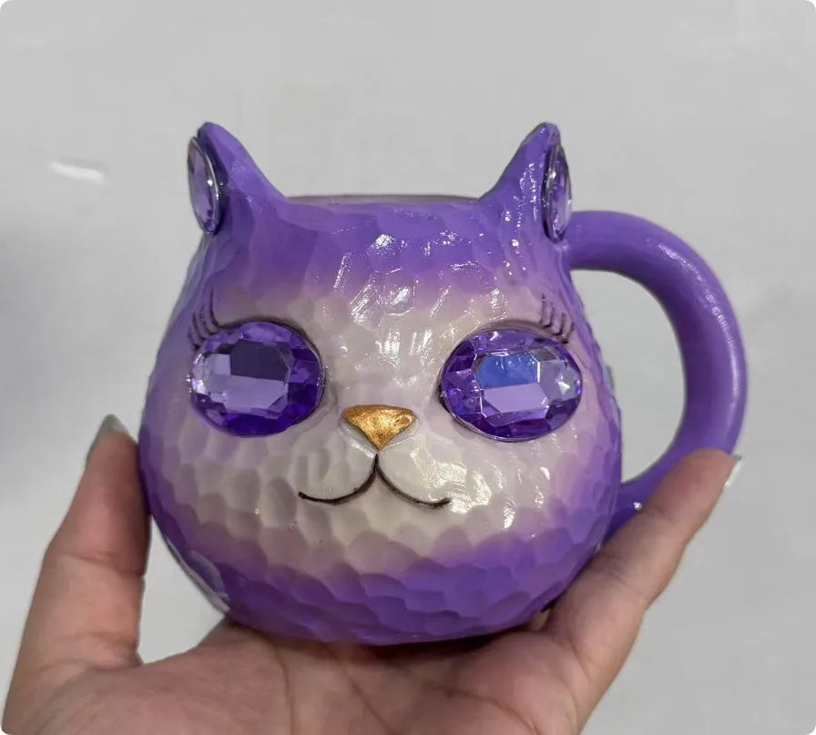 American style decorative resin cat cup in blue, green, pink, or purple colour.