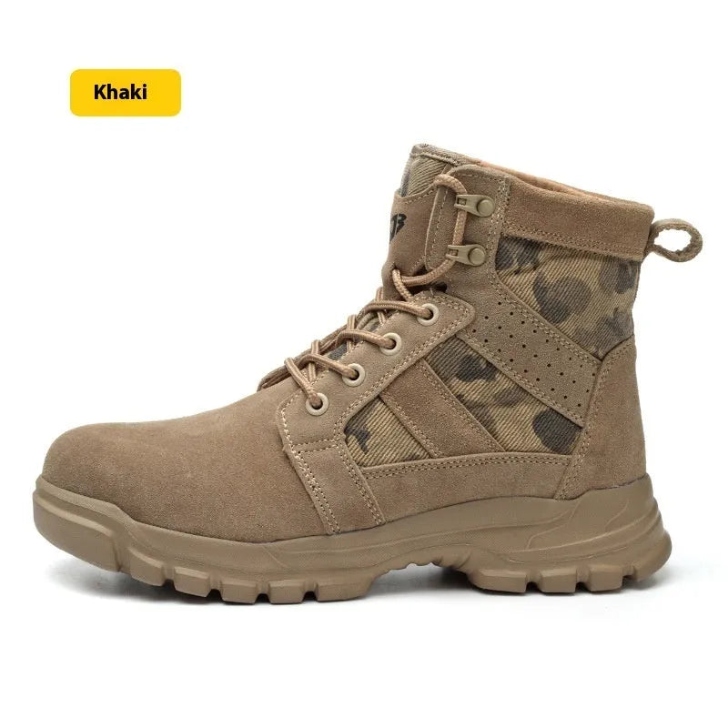 Khaki suede high-top combat boots with a steel toe cap and lace-up front.