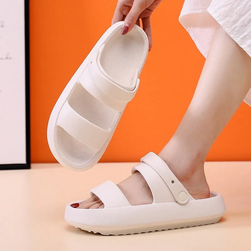 Adjustable unisex EVA sandals with 3cm thick bottom in beige on outdoor surface
