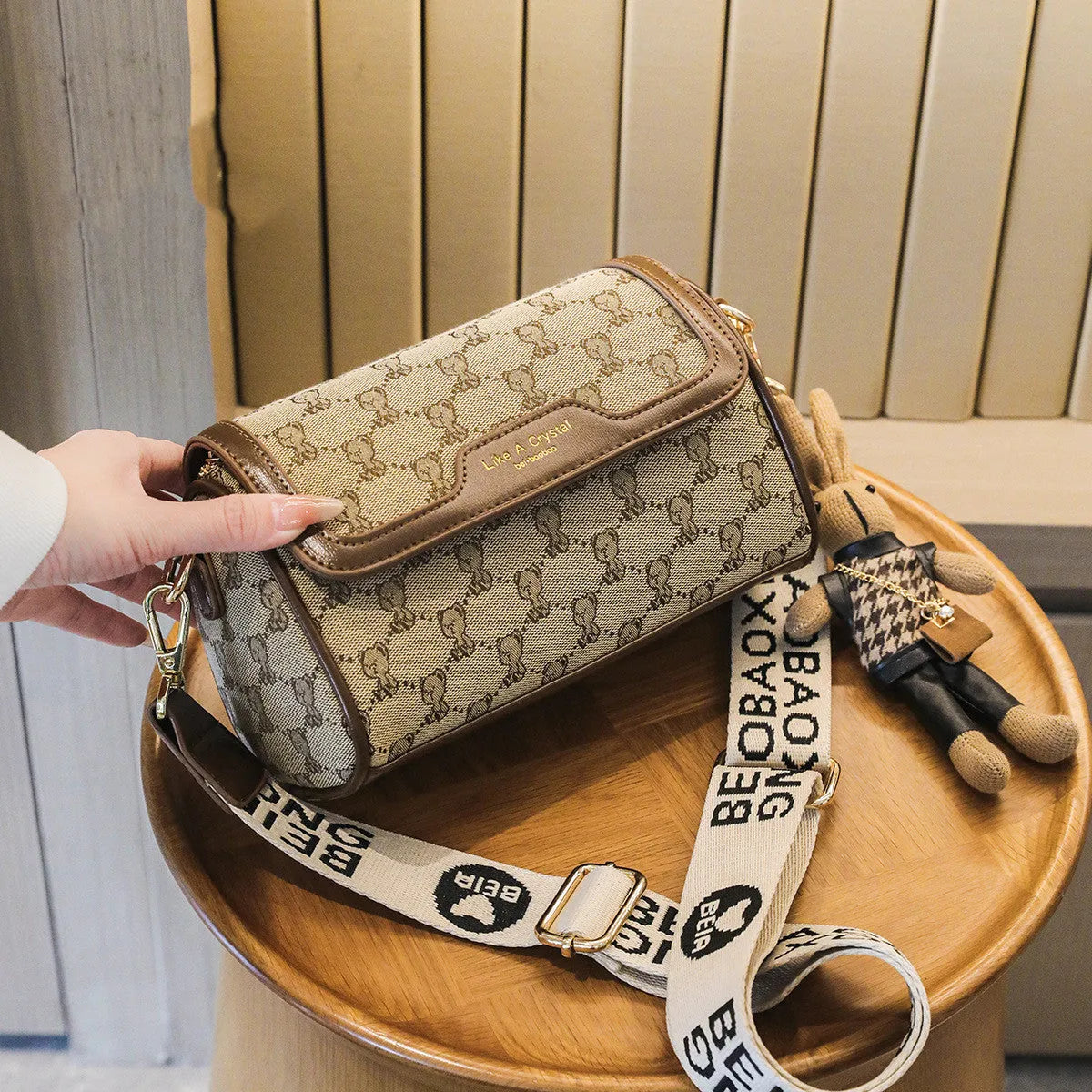 Small square canvas shoulder bag in khaki with cute bear design, urban simplicity style, 21cm width