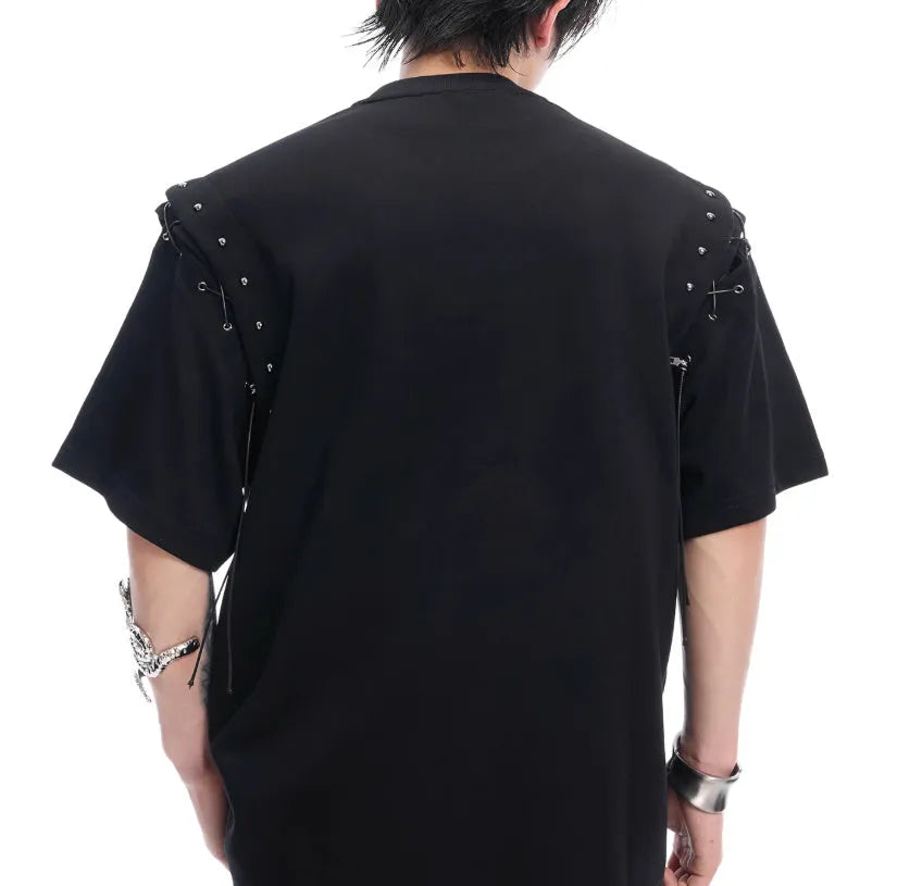 Women's black lace-up cutout short sleeve t-shirt with deconstruction styling detail