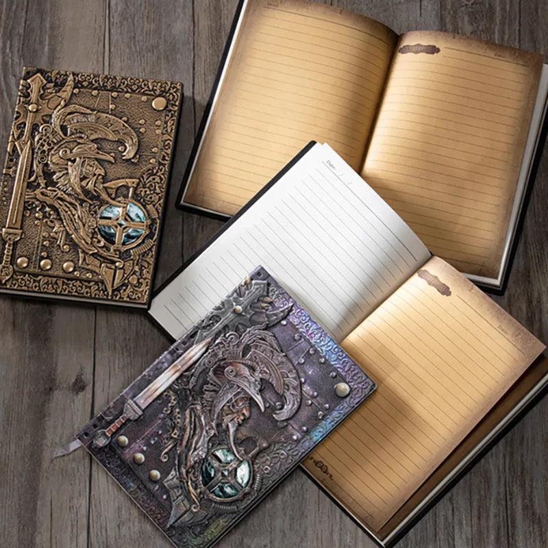 Handmade leather A5 notebook with 3D warriors relief embossing on the cover in bronze colour