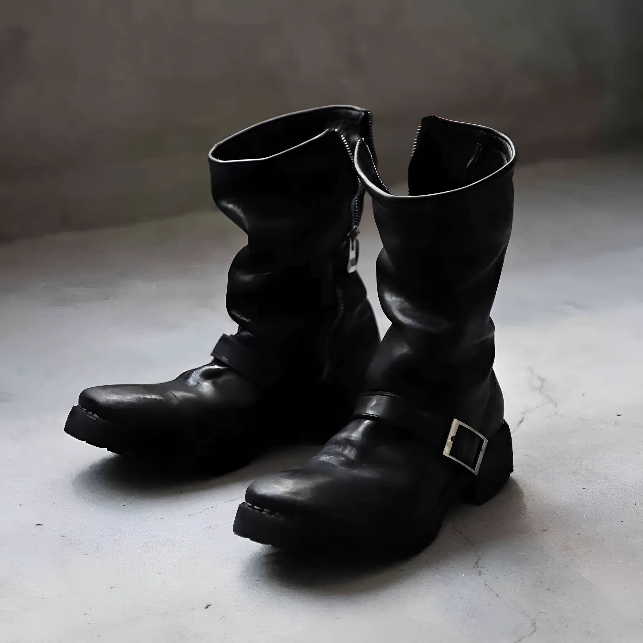 Men's black retro ankle boots with a side zip and round toe