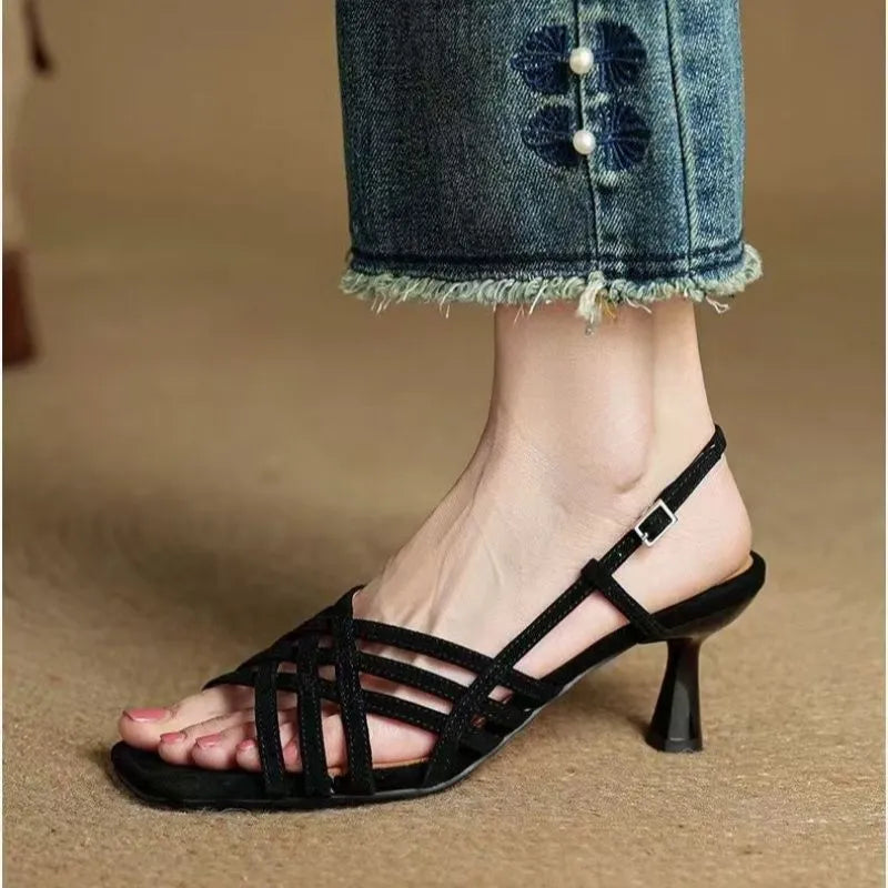Retro soft leather thin cross straps high heel sandals with ankle buckle in light brown colour