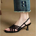 Retro soft leather thin cross straps high heel sandals with ankle buckle in light brown colour