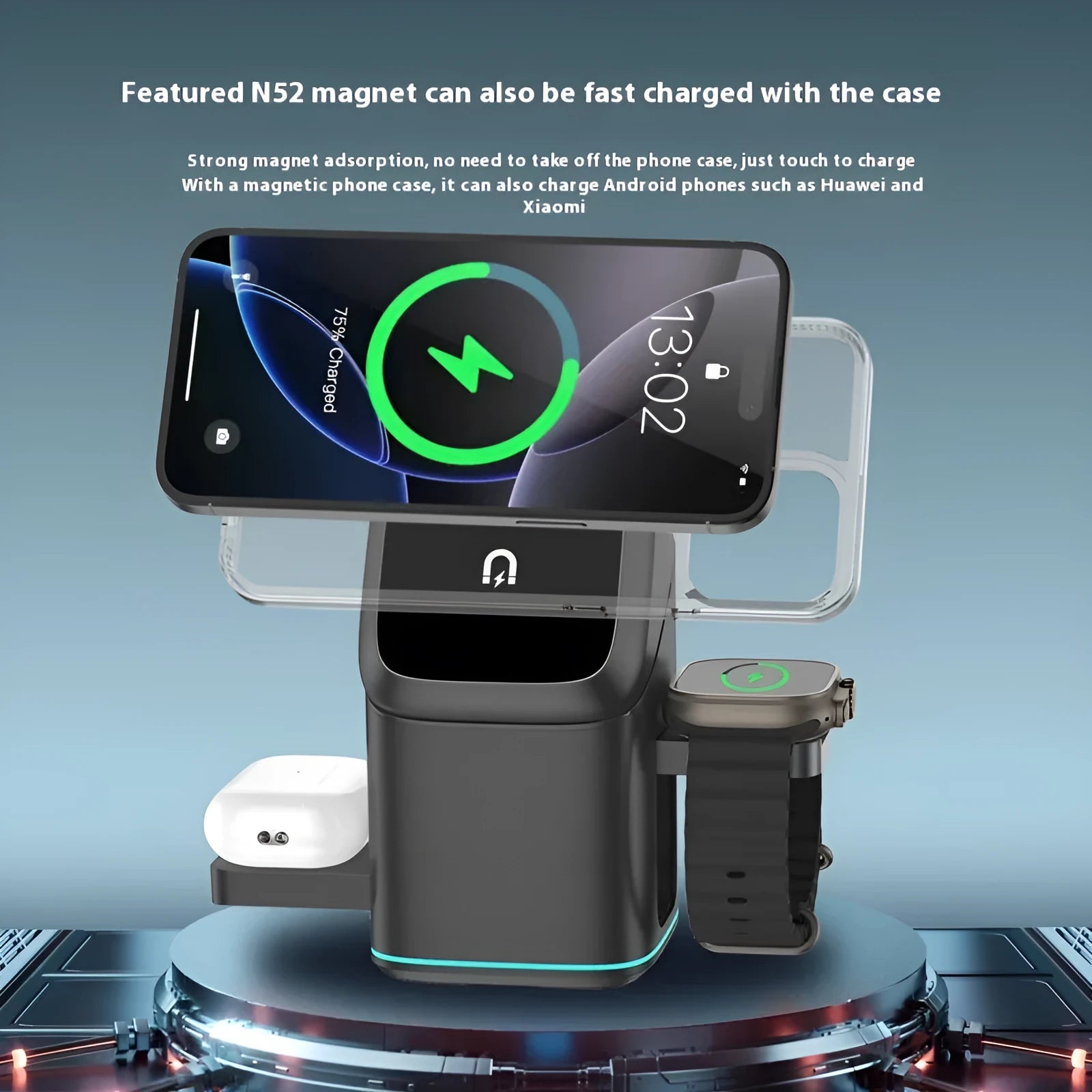 Black mobile phone magnetic wireless charging stand showing 180-degree rotation capability with Type-C cable