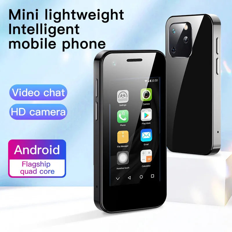 Ultra-small Android smartphone showing compact size next to a credit card for scale