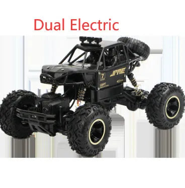 Black and silver 4WD remote control off-road climbing cars on rough terrain showing two size options.