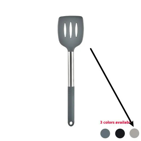 Black silicone kitchen utensil set with 12 tools stored in a rotating plastic storage bucket on a worktop.
