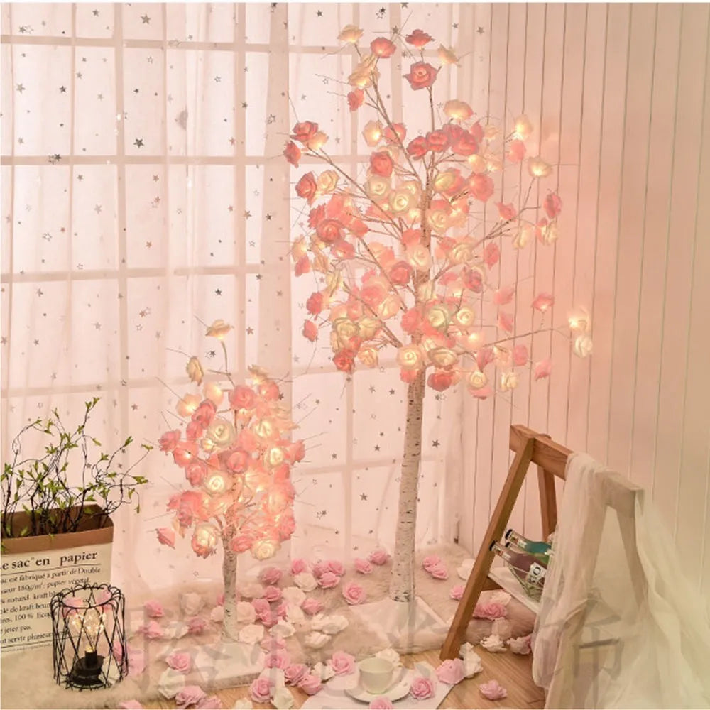 60cm rose tree lamp with 7cm pink and white rose heads and USB battery dual-purpose power