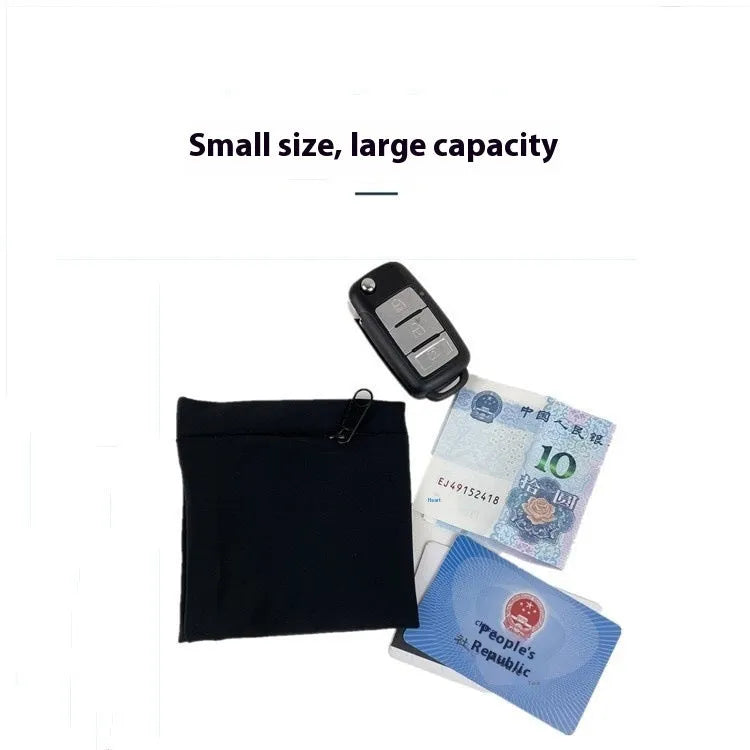 Black wrist bag armband sleeve with strap, showing 10cm by 10.5cm front pocket for a mobile phone.