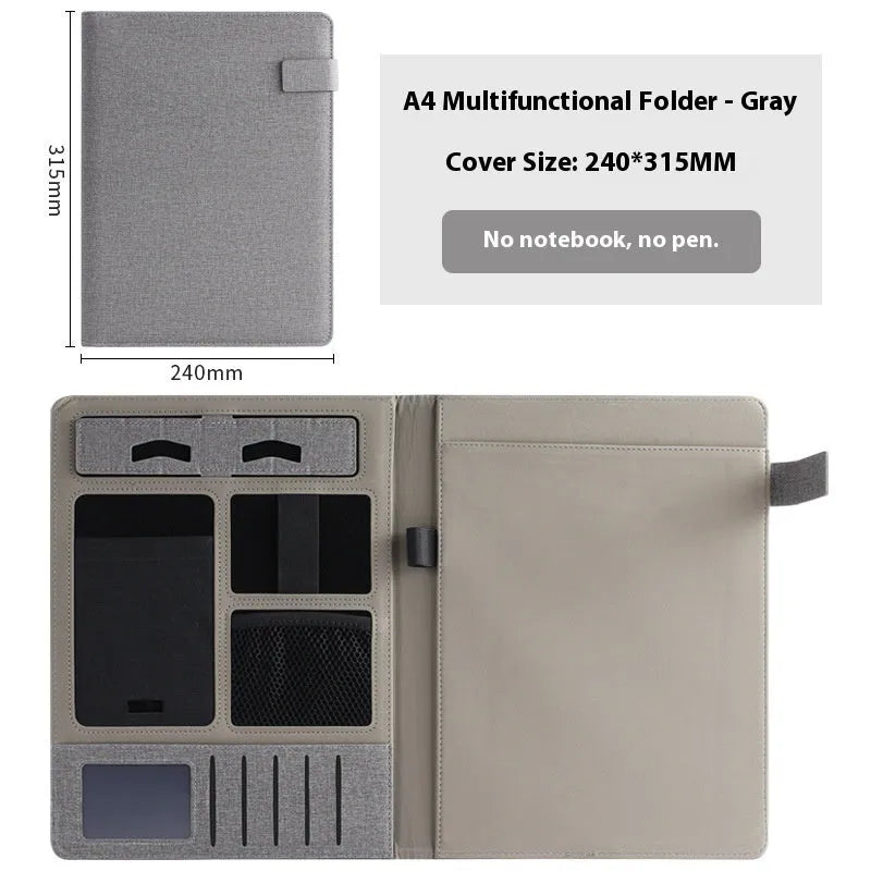 Black leather A4 business folder open, showing interior document space, pen loop, and optional notepad.