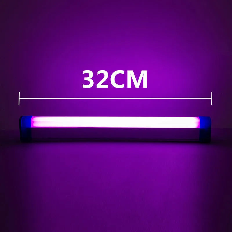 Rechargeable dimmable LED tube light in blue or purple colour showing 17cm, 32cm, and 52cm size options.