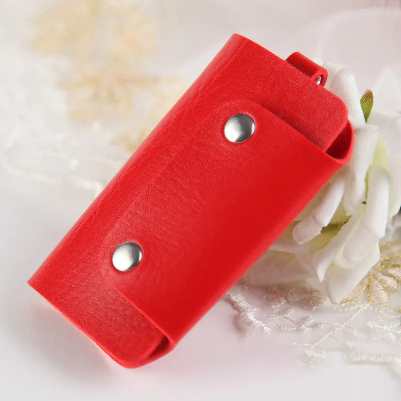 Colourful button closure PU leather key case in square vertical shape with soft plain finish