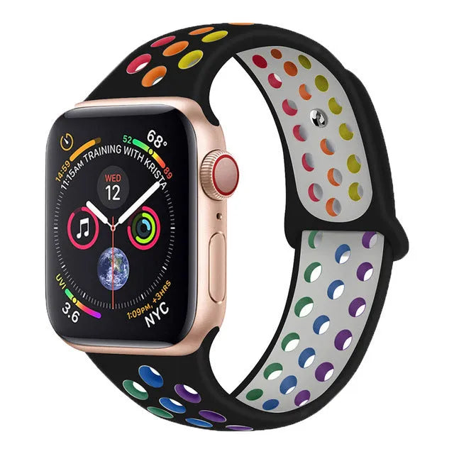 Silicone sports wristband with buckle in black, white, or rainbow colours showing two size options