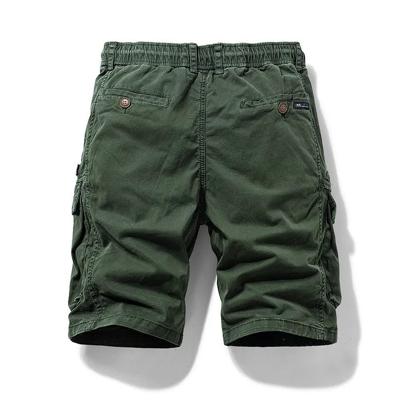 Men's cotton casual shorts in khaki with multiple zipper pockets and a fifth pants length