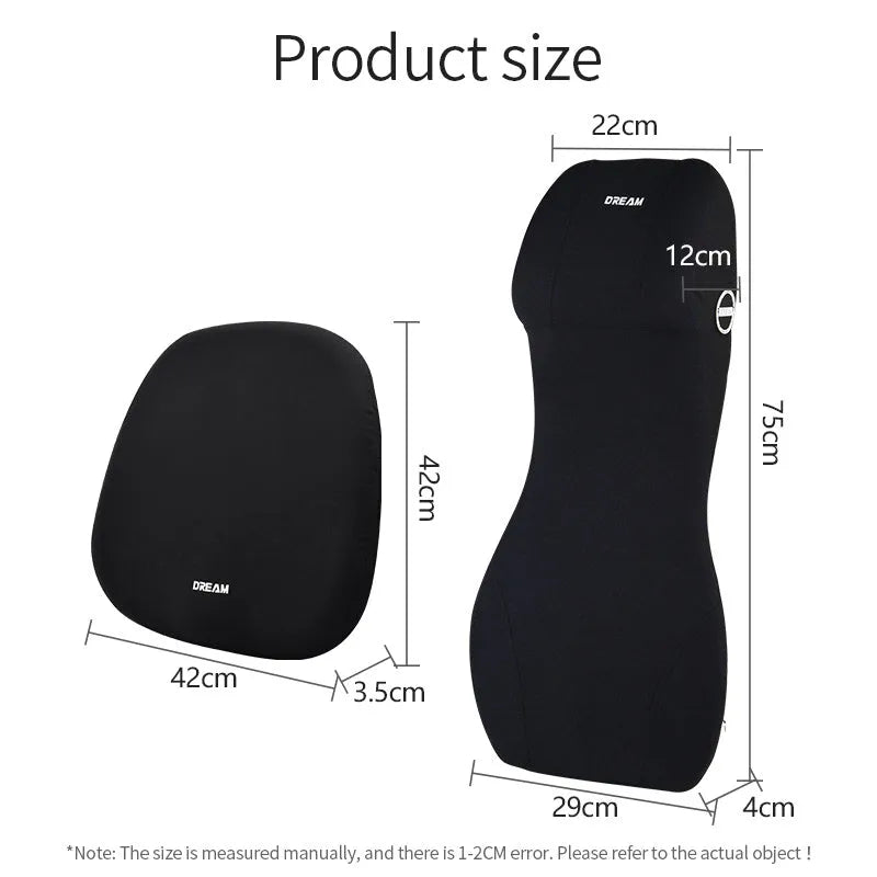 Black memory foam lumbar support pillow and matching cushion set for car or chair.